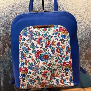 Italian "Vera Pelle" Blue Leather Backpack with Artisan Floral Accent NWOT